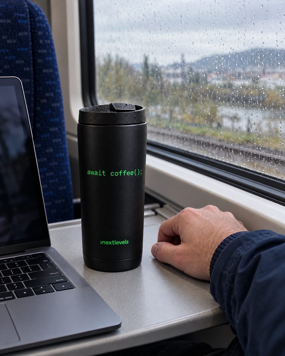 Thermobecher „await coffee();“